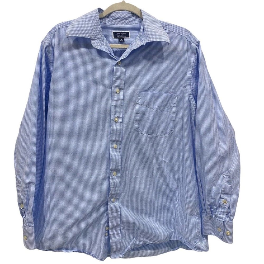 CLUB ROOM Performance Men’s Long Sleeve Cotton Dress Shirt 16/34-35 Blue Check
